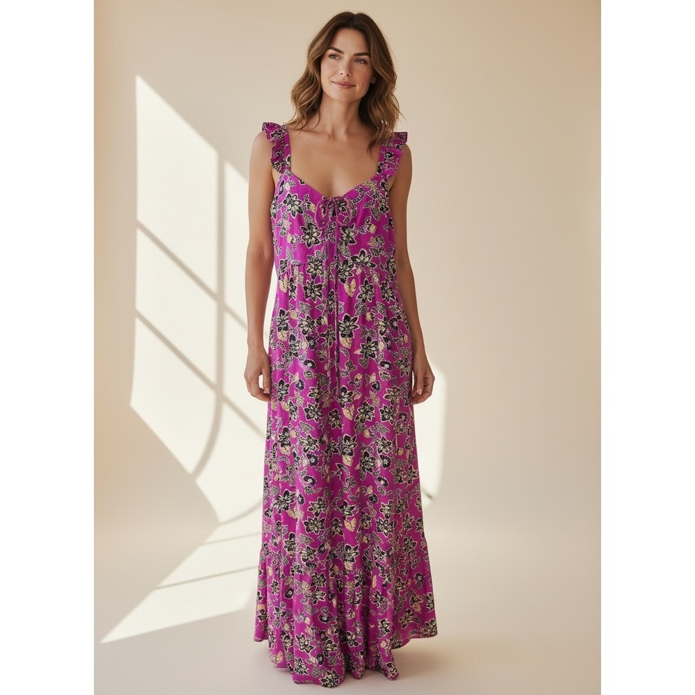LOFT Maxi Dress Sz 14 Milkmaid Floral Ruffle Sleeve‎ Smocked Babydoll Romantic - Picture 2 of 11